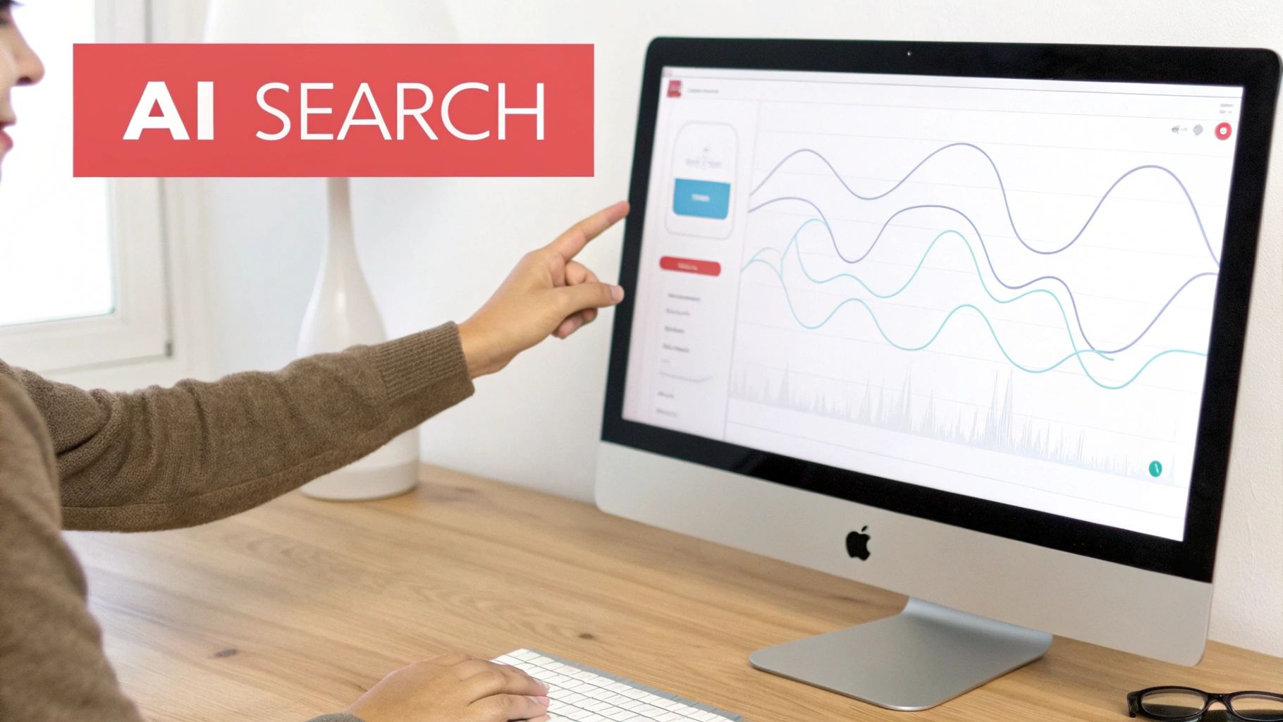 Person pointing at a computer screen displaying a graph, with 