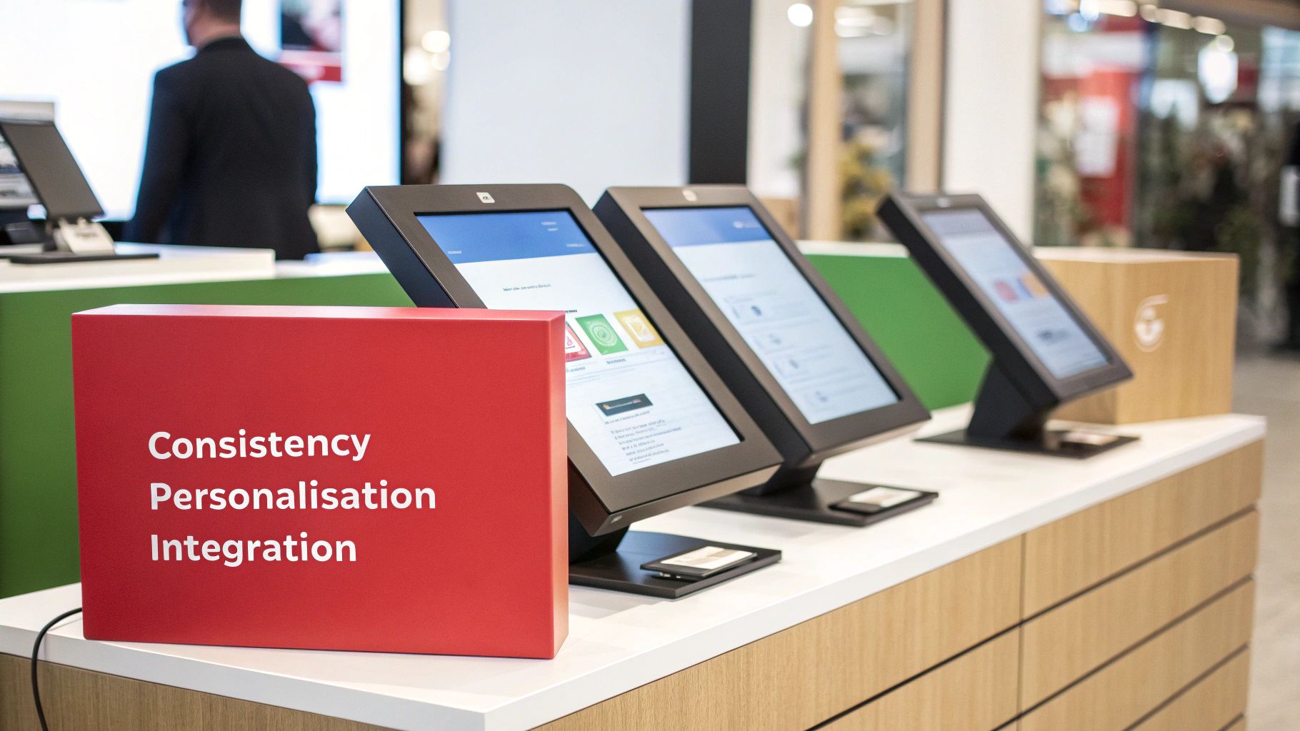 Three touchscreen kiosks on a counter with a red sign that says 
