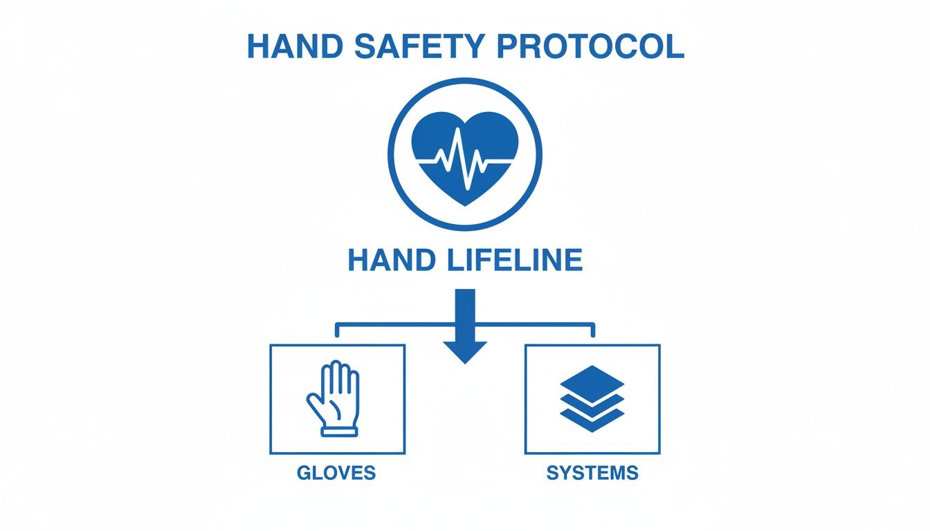 Hand safety protocol graphic: Heart with EKG, 