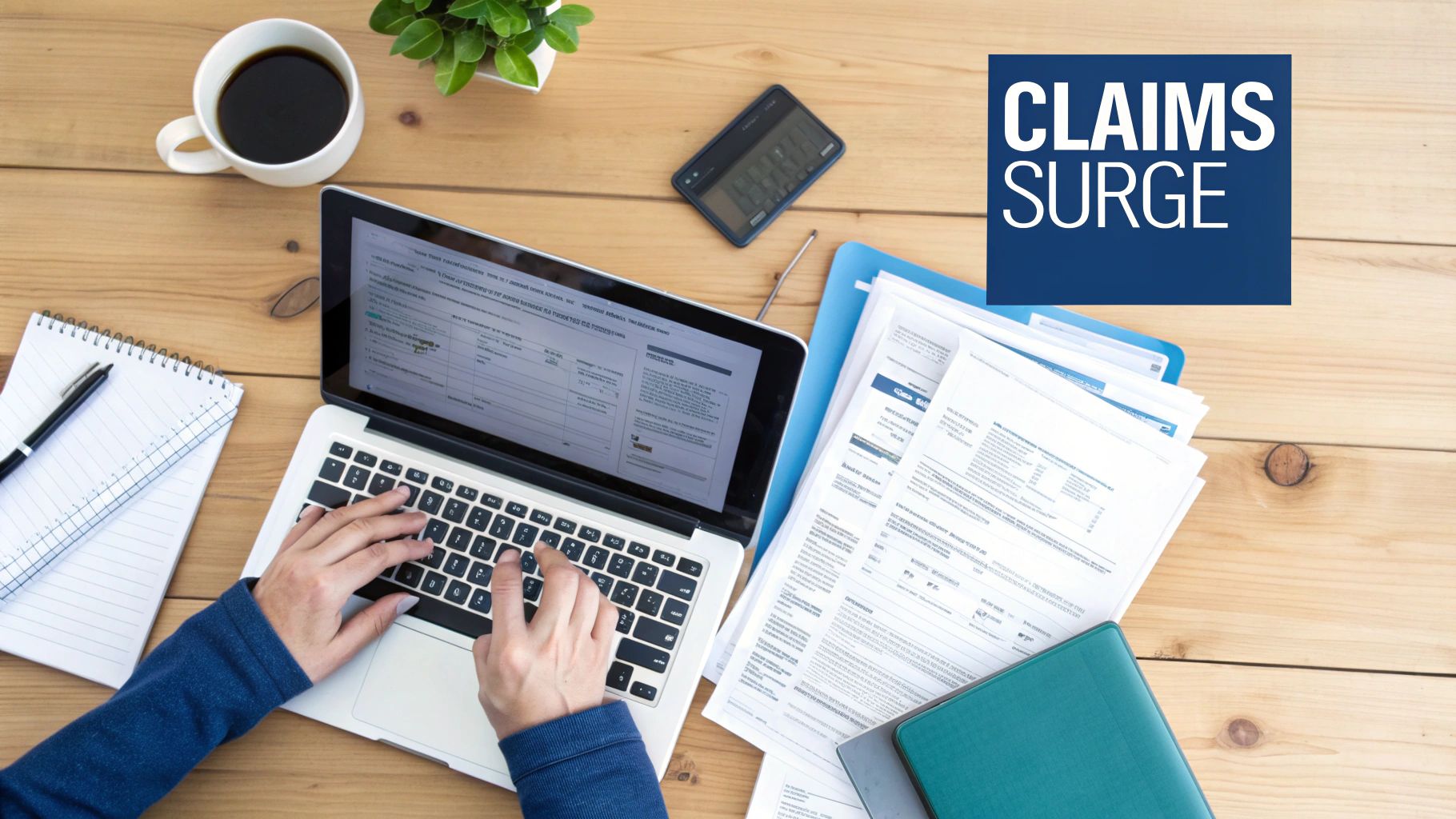 Person typing on laptop, papers and coffee on wooden desk. Claims Surge logo.