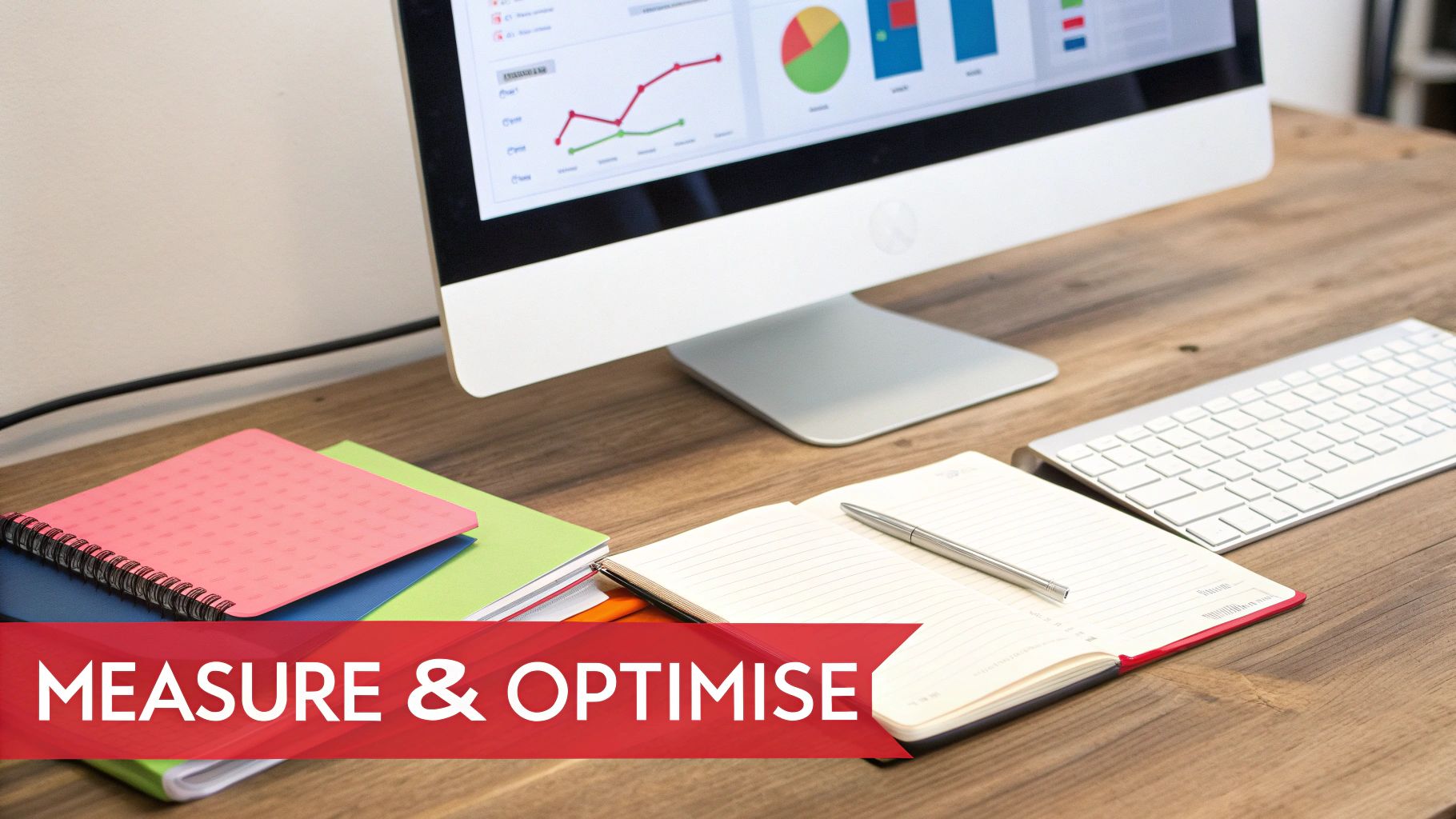 Wooden desk with a computer displaying charts, notebooks, keyboard, and the words 