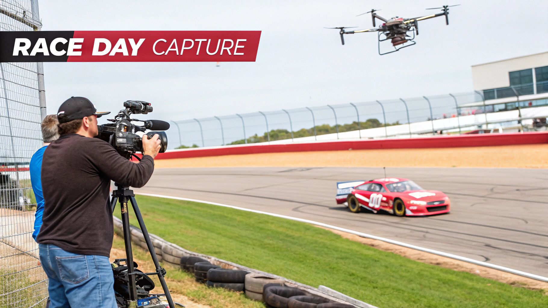 Drone filming a race car on a track; a cameraman holds a camera on a tripod.