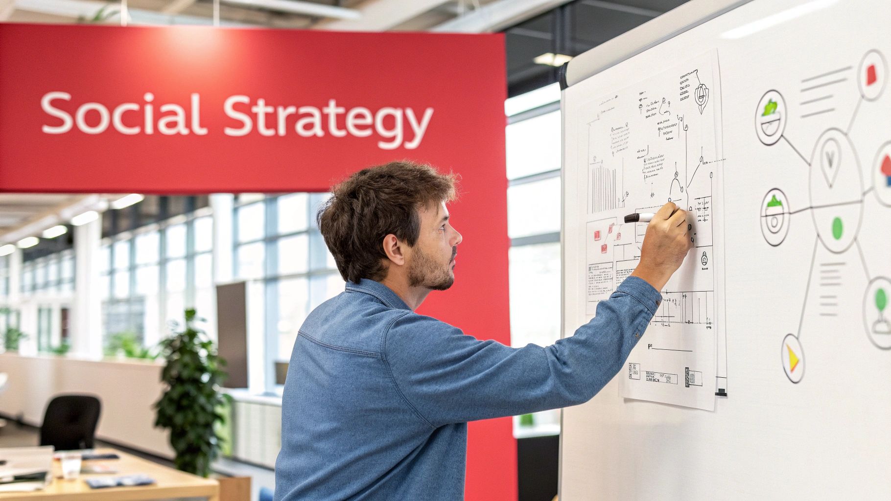 man writing on a white board social strategy