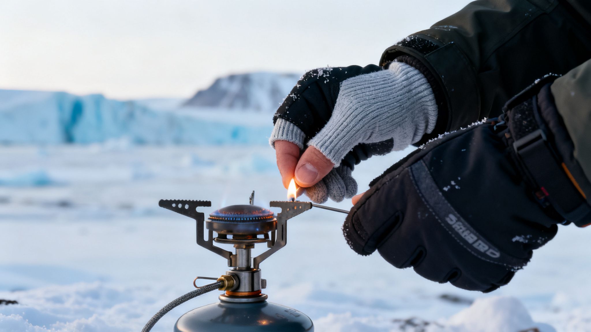 Person lighting a camping stove with a match in a snowy, icy environment.