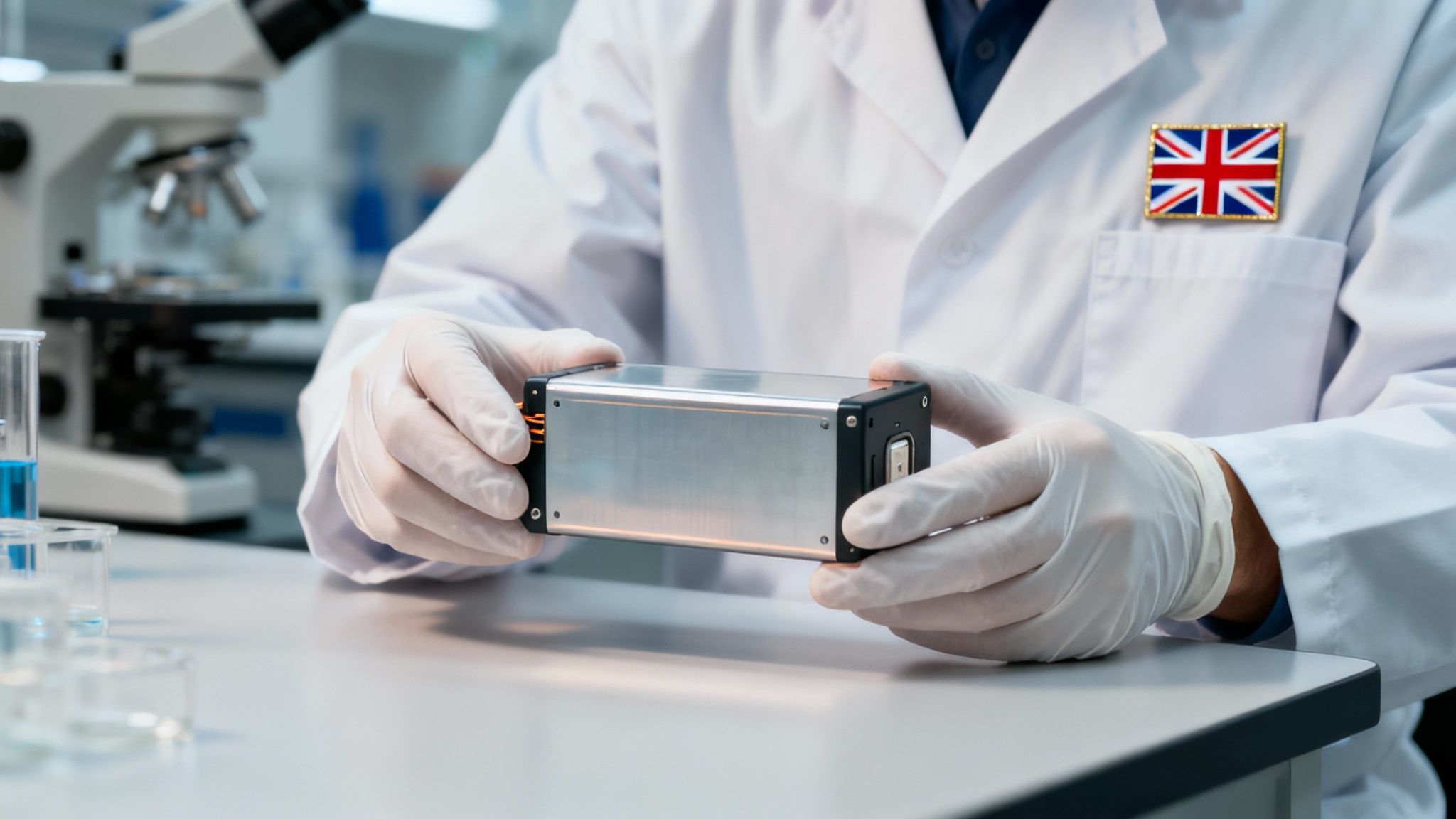 A factory worker in a white coat with a union flag badge on the pocket  with white gloveson holding a battery