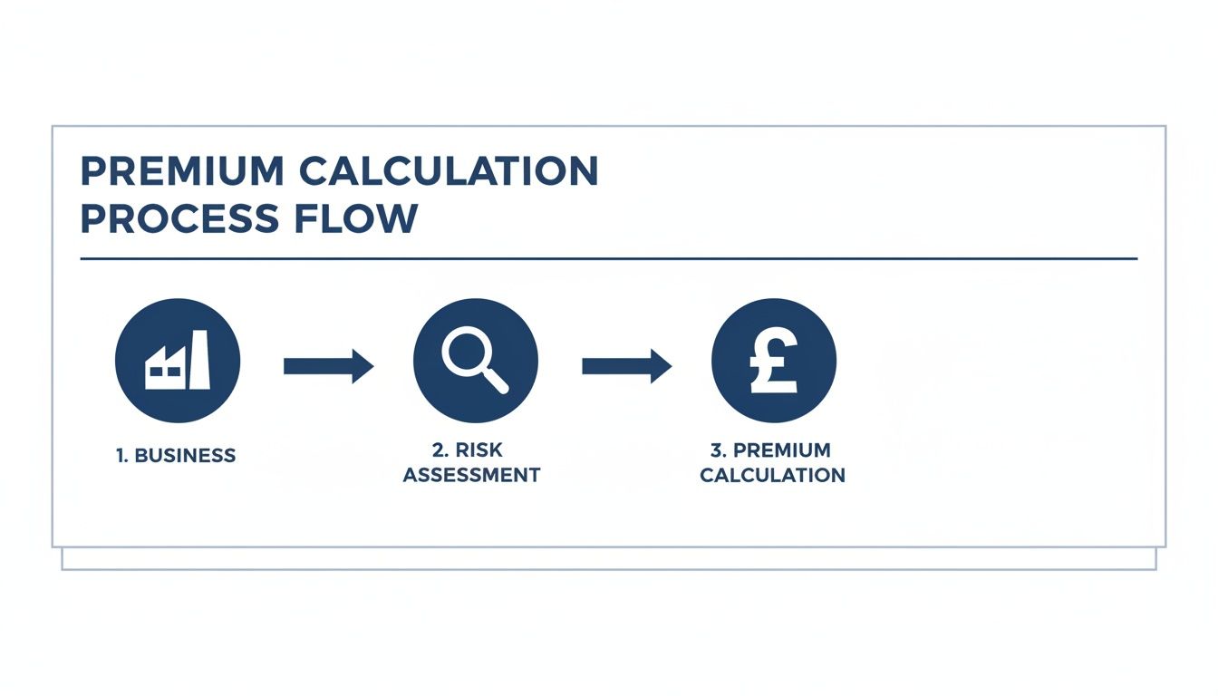 Premium calculation process flow: 3 steps: 1. Underwrite, 2. Risk assessment, 3. Premium calculation (British pound).