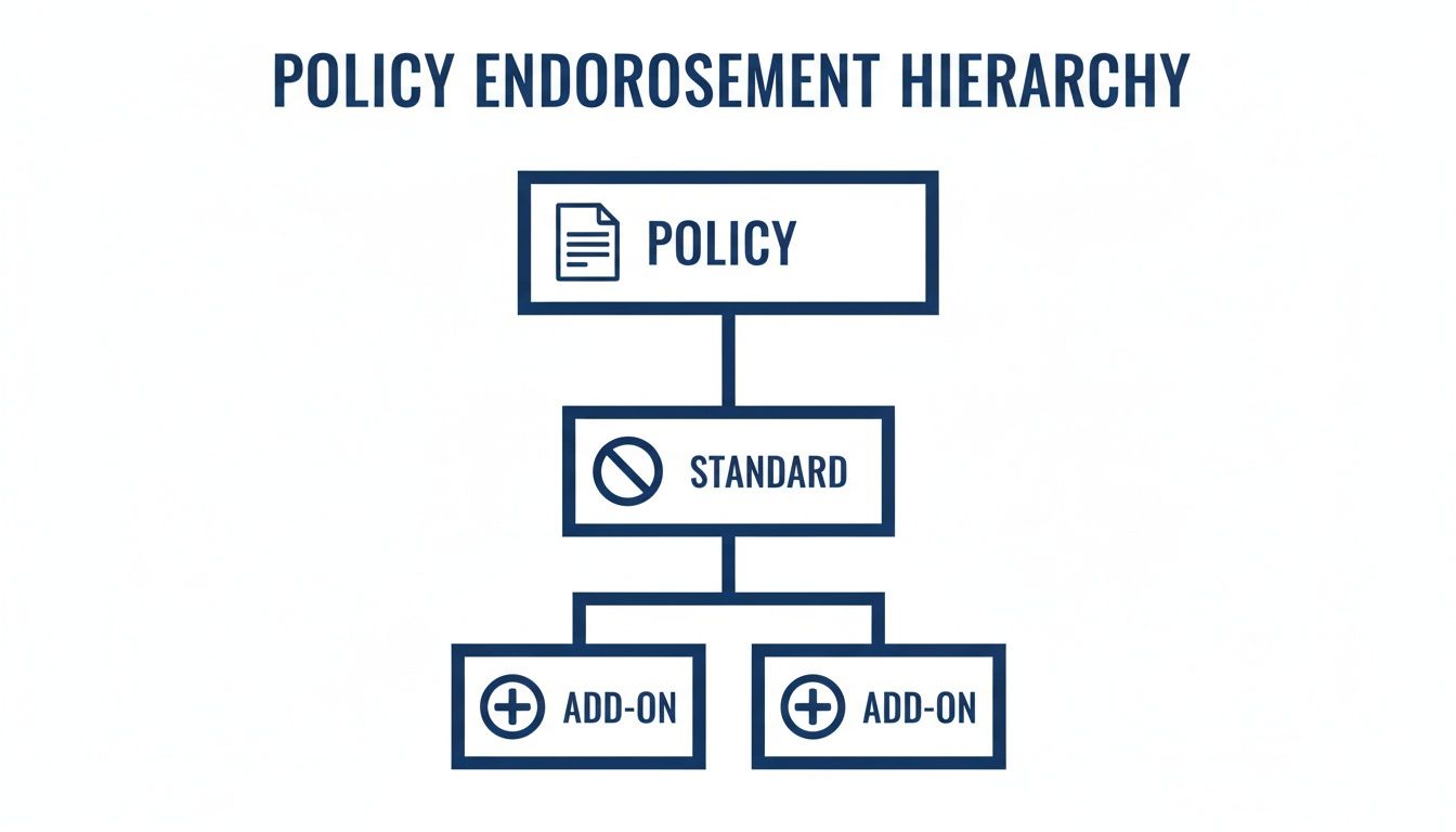 Policy endorsement hierarchy diagram: policy at top, standard below, with two add-on options at the bottom.