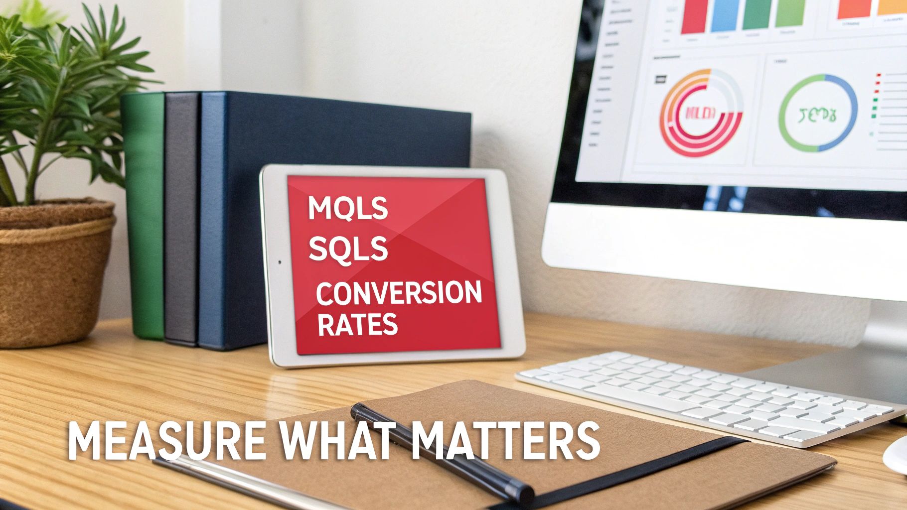 Tablet displaying sales metrics with desktop computer, keyboard, and plant on a wooden desk.