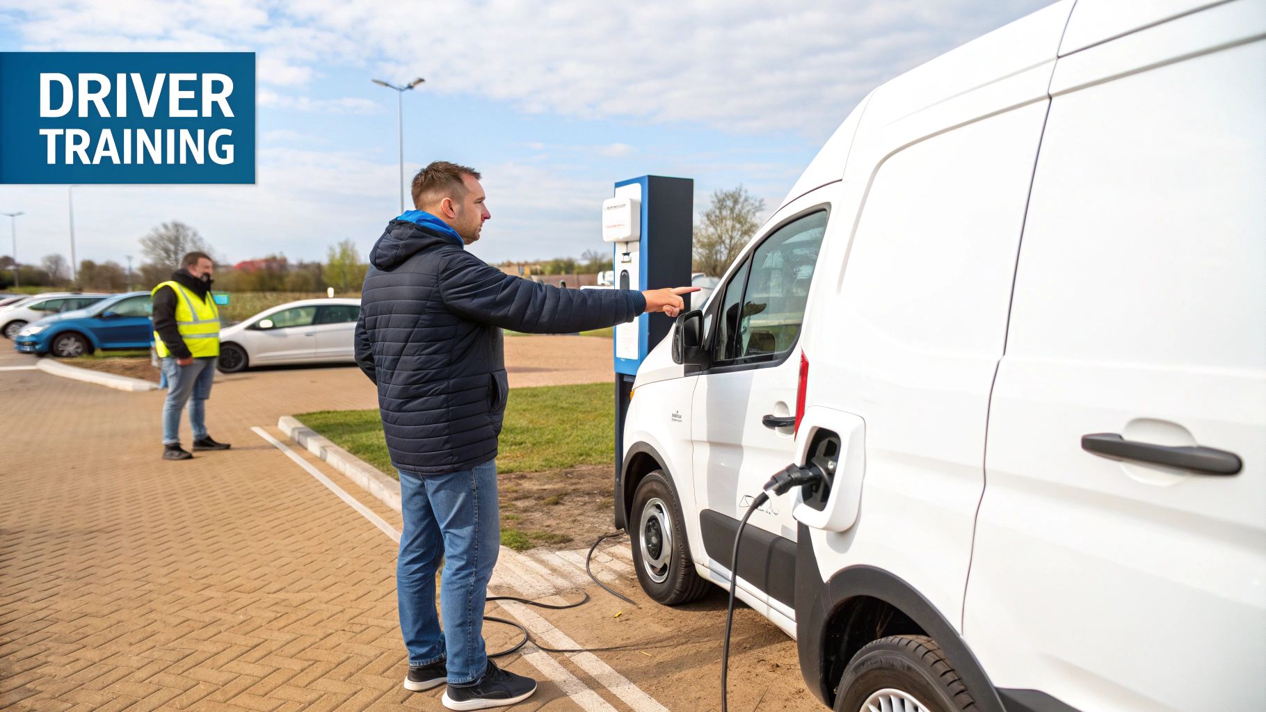 white van charging with man pointing through the side window
