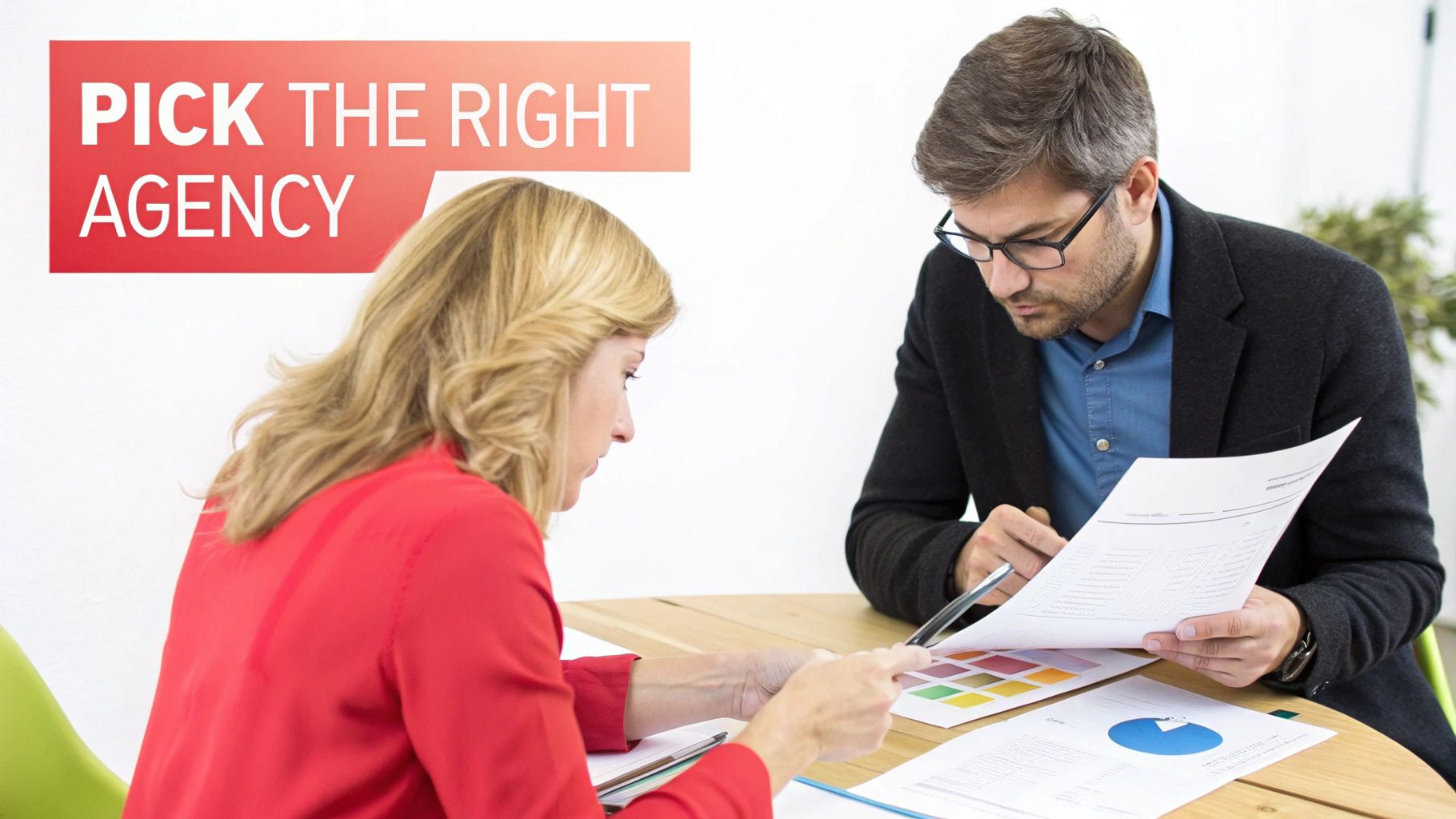 Woman and man reviewing documents, “Pick the Right Agency” sign in background.