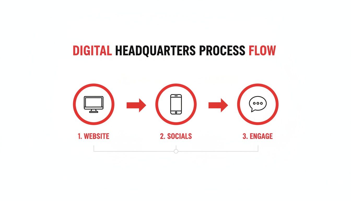 Digital Headquarters process flow: Website leads to Socials, followed by Engage. Red and white icons.
