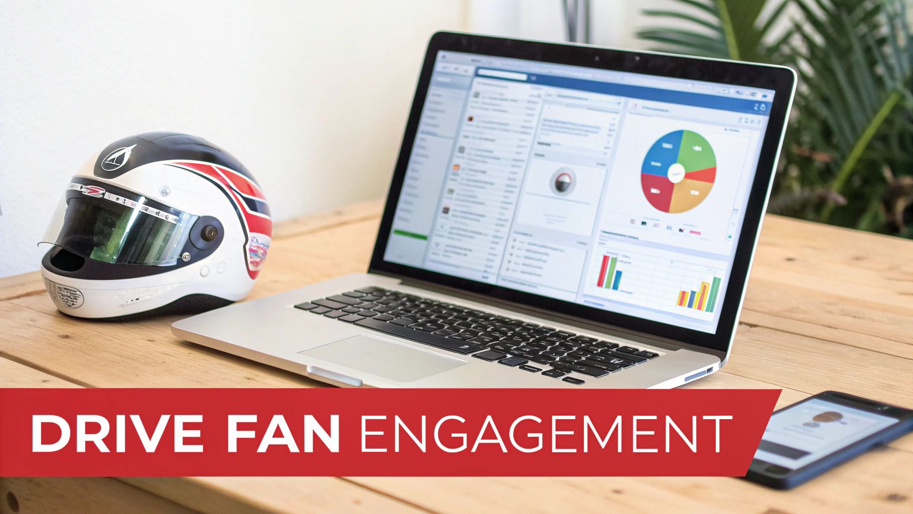Laptop with analytics dashboard, racing helmet, and tablet on a wooden table, text: Drive Racing Fan Engagement.