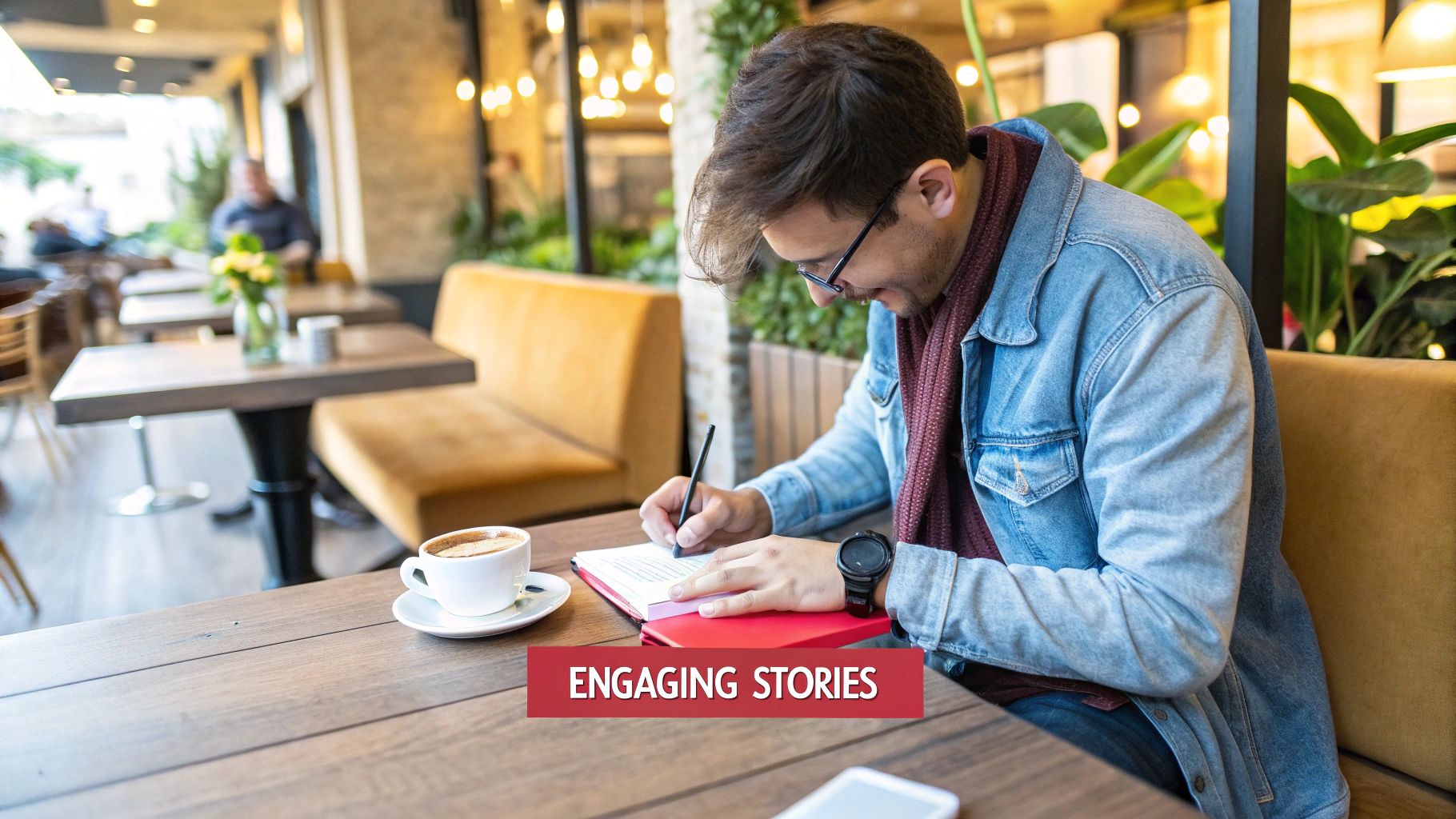 A man in glasses sat at a table with a cup of coffee writing in a notebook