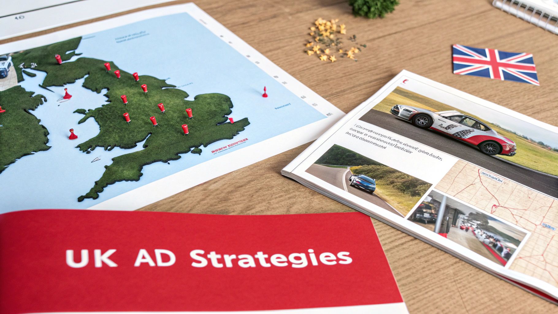 UK advertising strategies layout with map, car photos, and British flag.