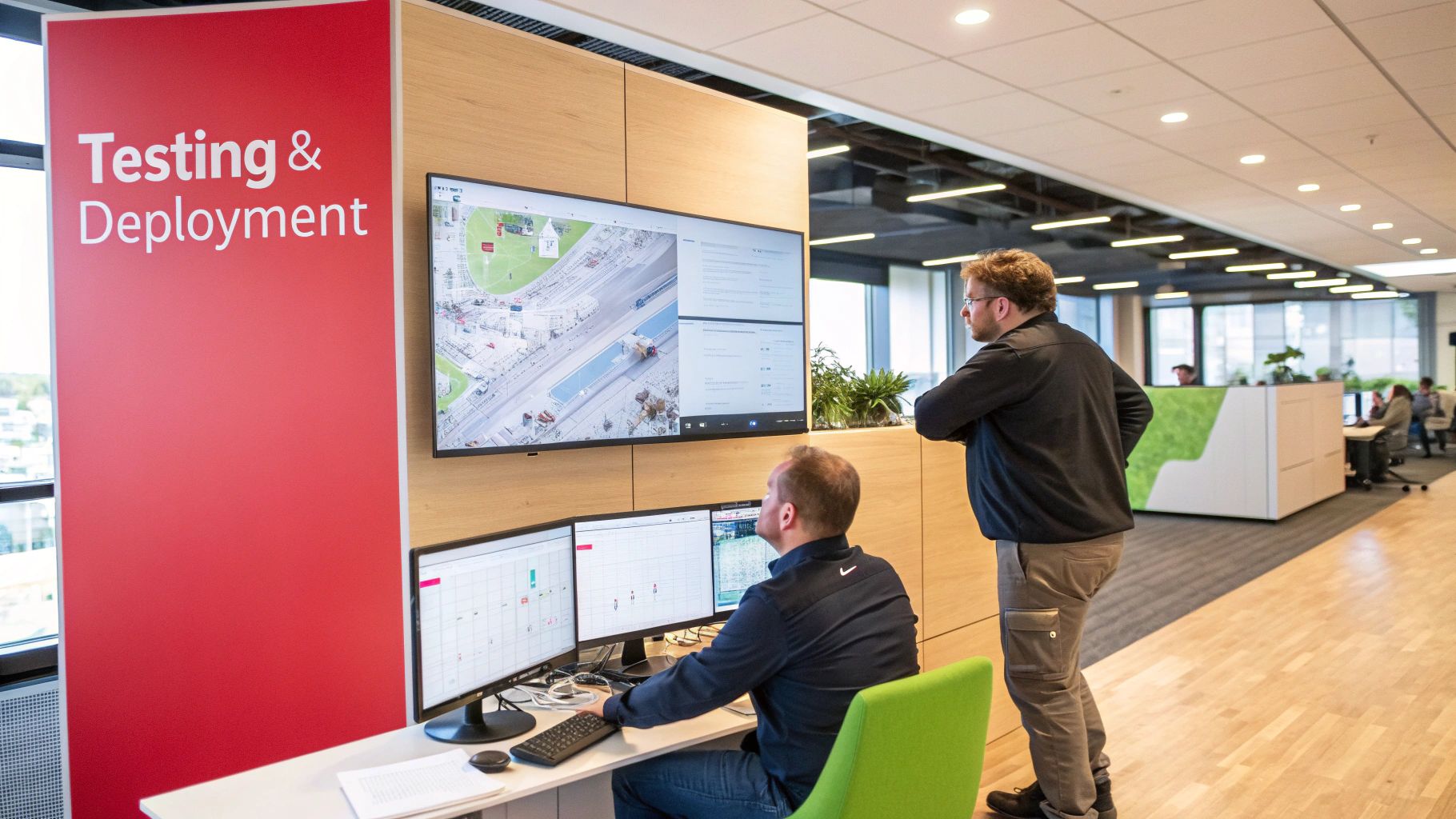 a man sat at a desk looking at 3 computer screens and a man stood looking at a large tv screen WEB development 