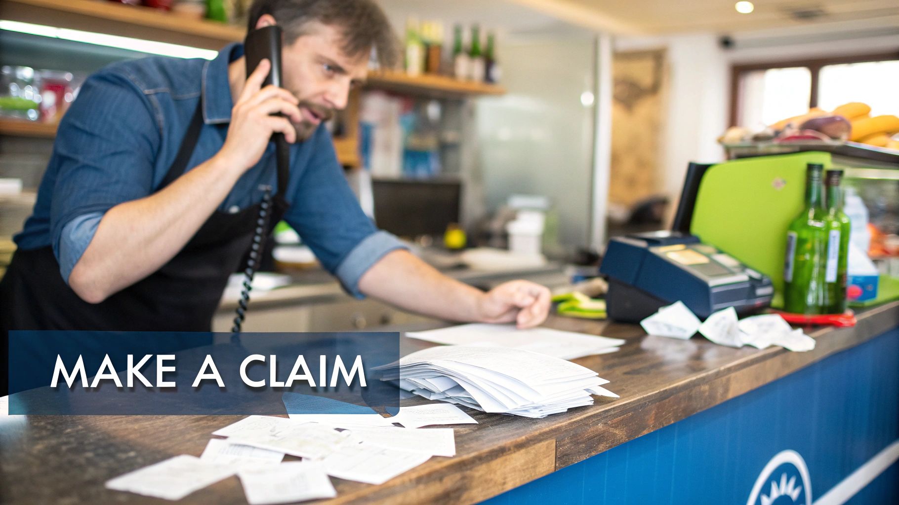 Man on phone at a counter, surrounded by papers. 
