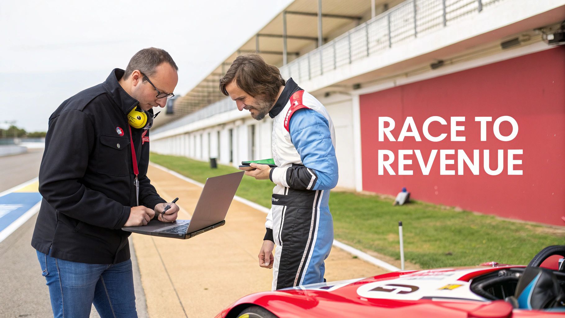 Man in race car suit and person with laptop, on racetrack, 