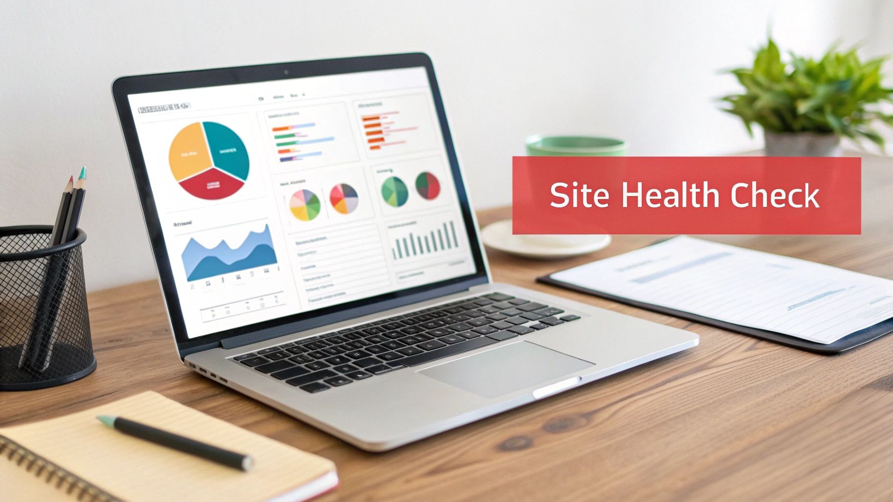 Laptop displaying colorful charts and graphs, 