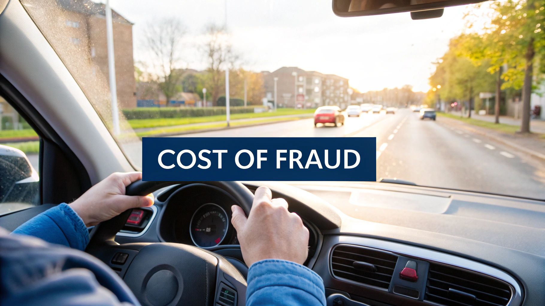 Hands gripping a steering wheel, driving on a road with 