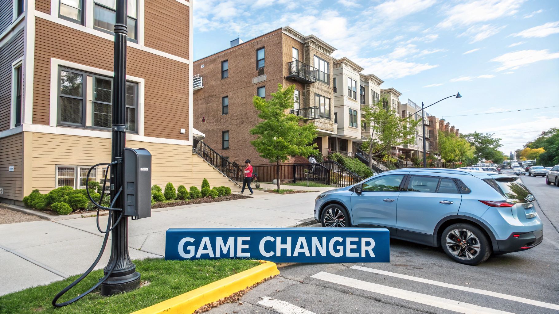 cars parkedoutsidea building with a charger on a lamp post 