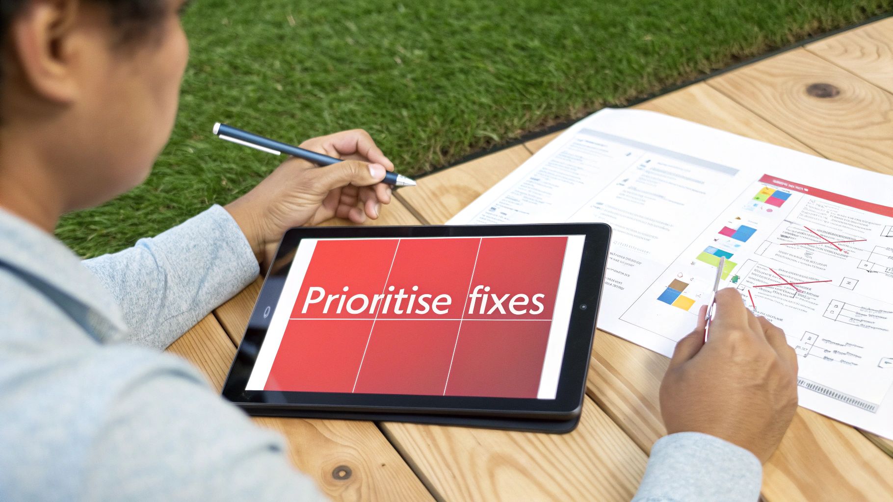 Person using a tablet and analyzing charts, outdoors. The tablet reads 