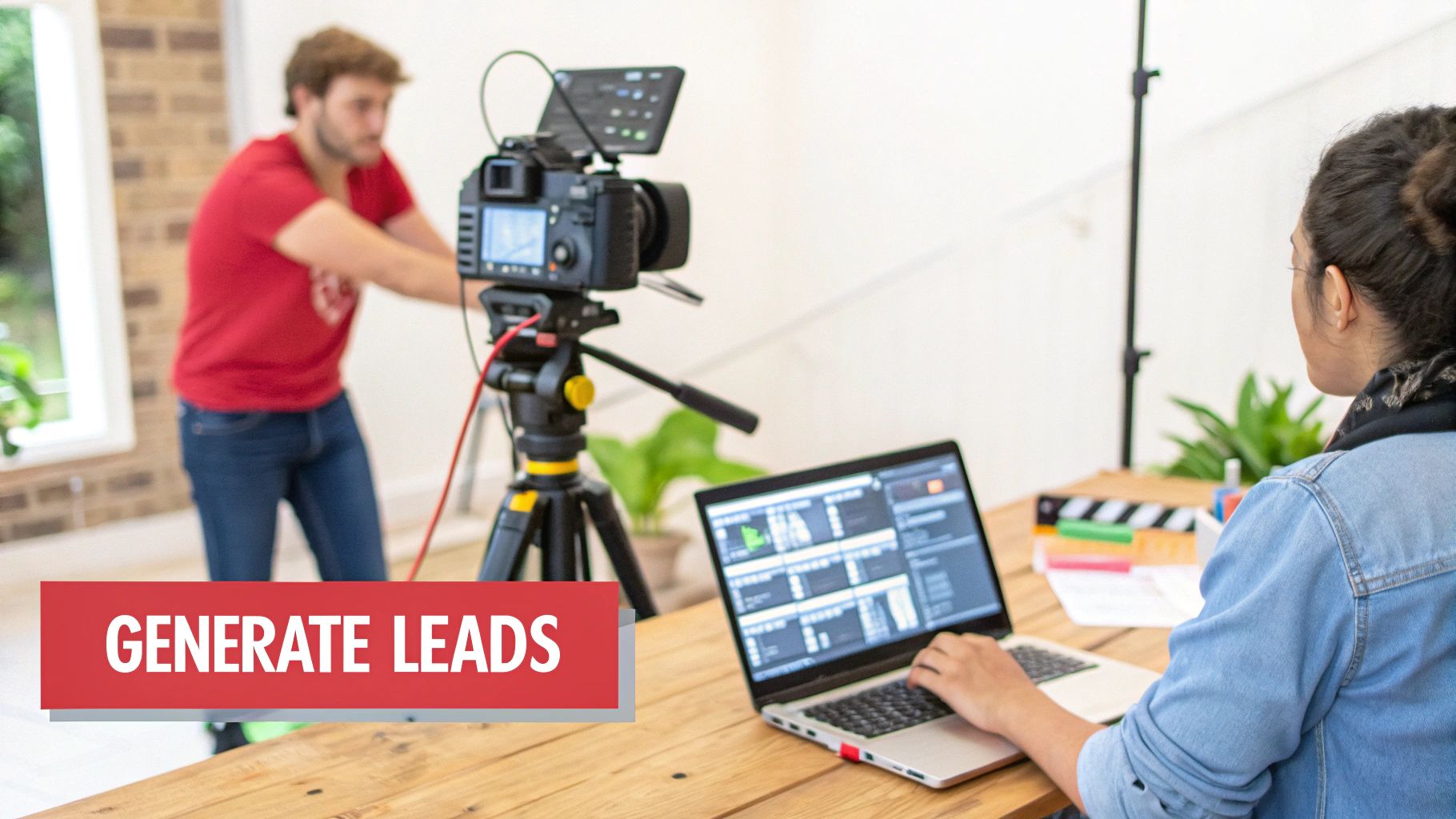 Video production setup: woman edits video on laptop as man films; 