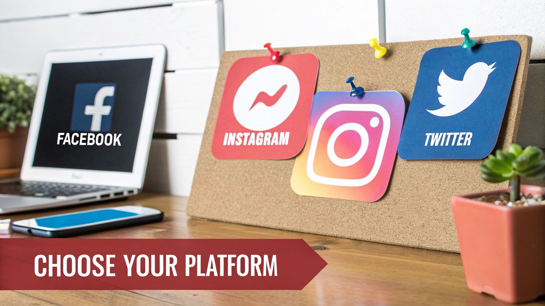 pinboard with instagram, twitter and instagam logos pinned on it and a tablet with facebook logo on the screen