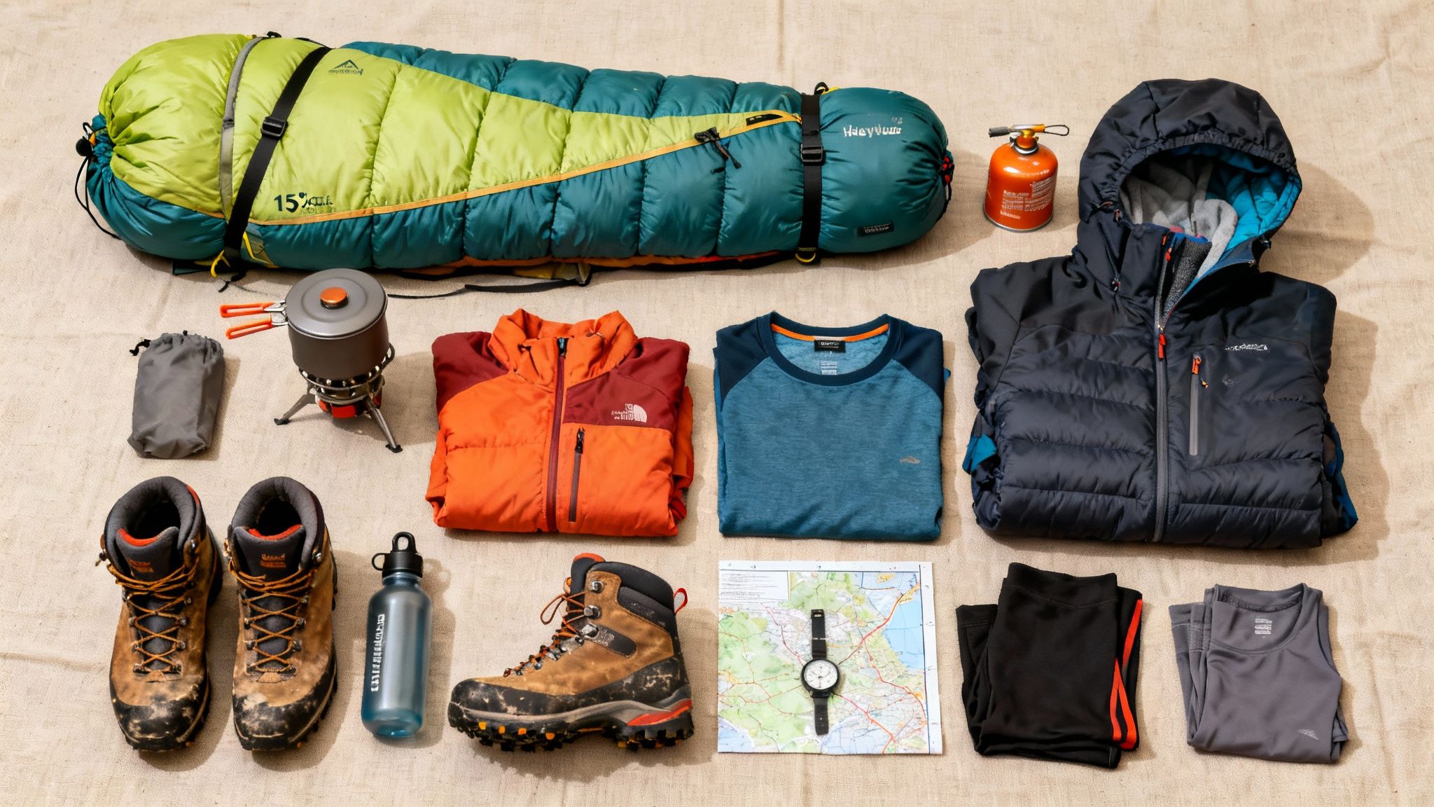 Outdoor gear: sleeping bag, jacket, boots, map, water bottle, stove, and clothing laid out on a surface.