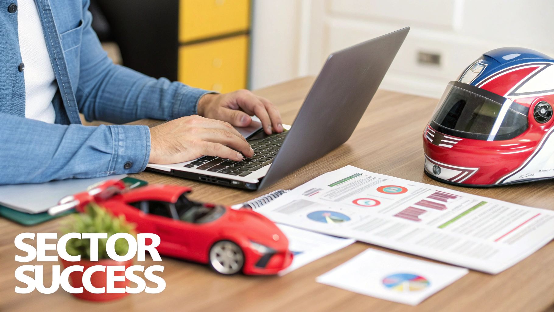 Person working on laptop at desk with race car helmet, charts, and toy car; 