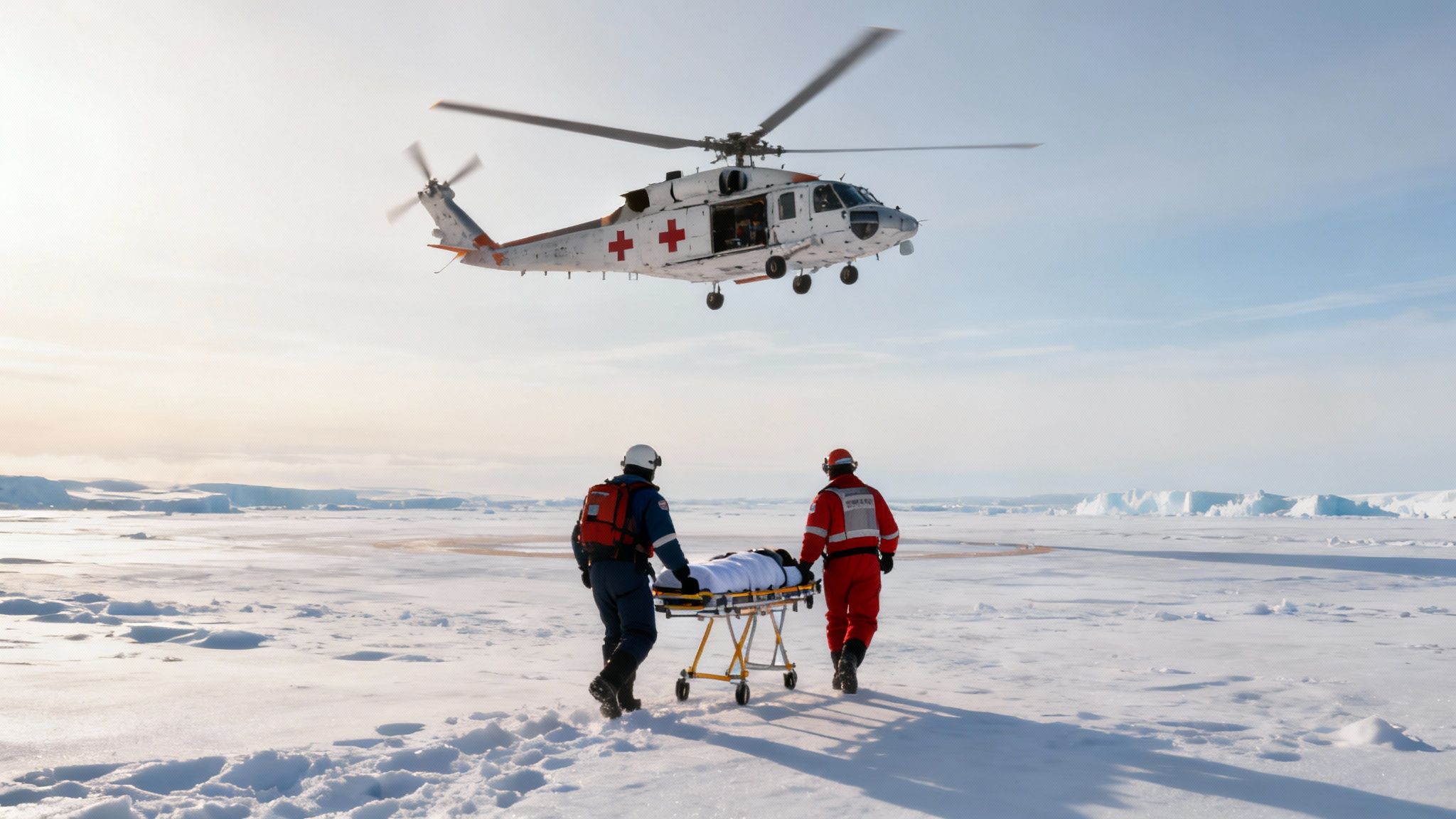 Two people in red and white gear carrying a stretcher across a snowy landscape towards a hovering helicopter.