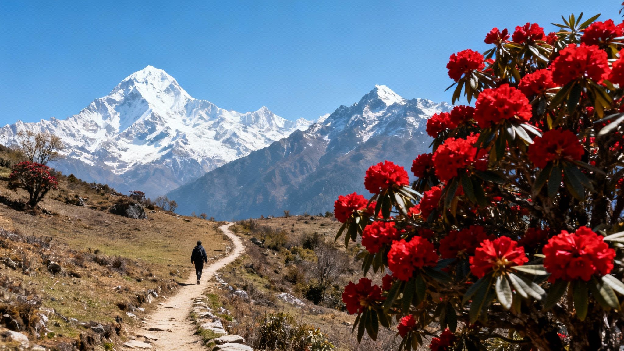 A person hikes on a path near red flowering bushes, with snow-capped mountains in the background.