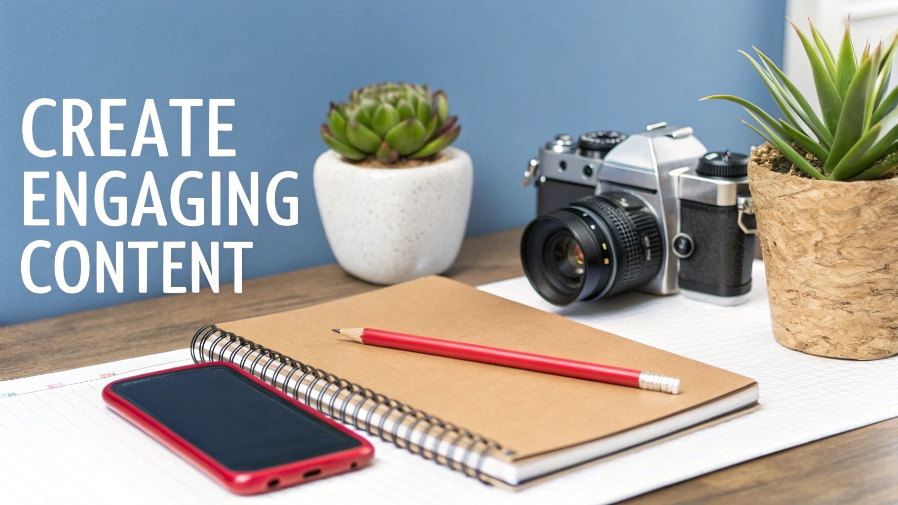 mobile phone,camera,notebook and pen with blue wall in background with create engaging content title