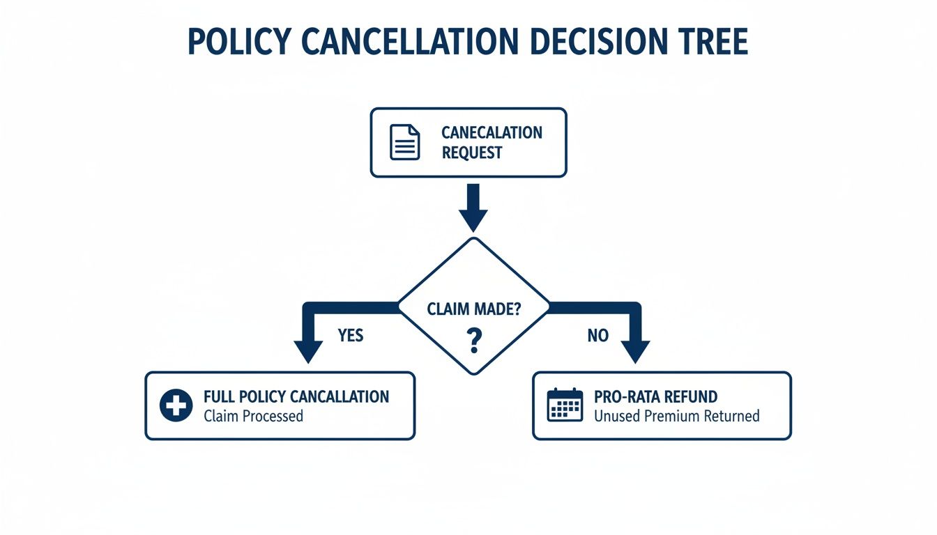 Flowchart detailing insurance policy cancellation: full cancellation if a claim was made, pro-rata refund otherwise.