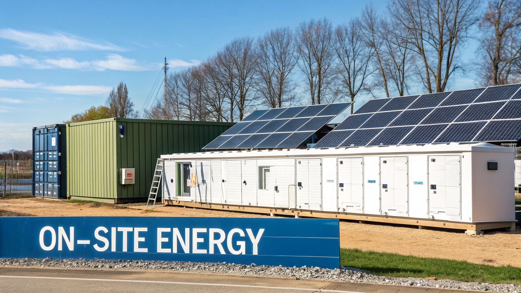 Energy storage container with solar panels on top and one blue and one green storage container next to it.
