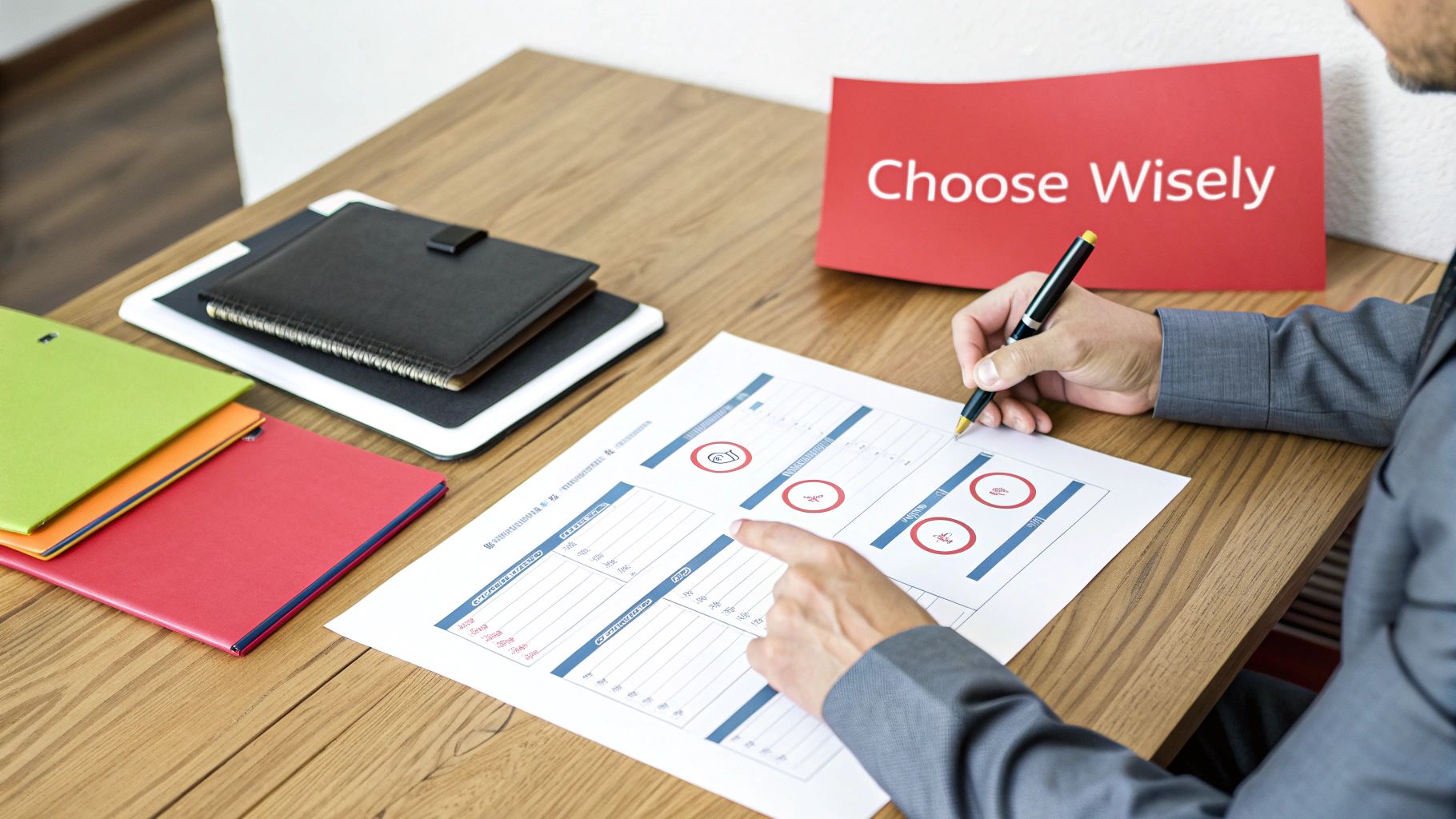 Man in suit marking circles on a form with a pen, 