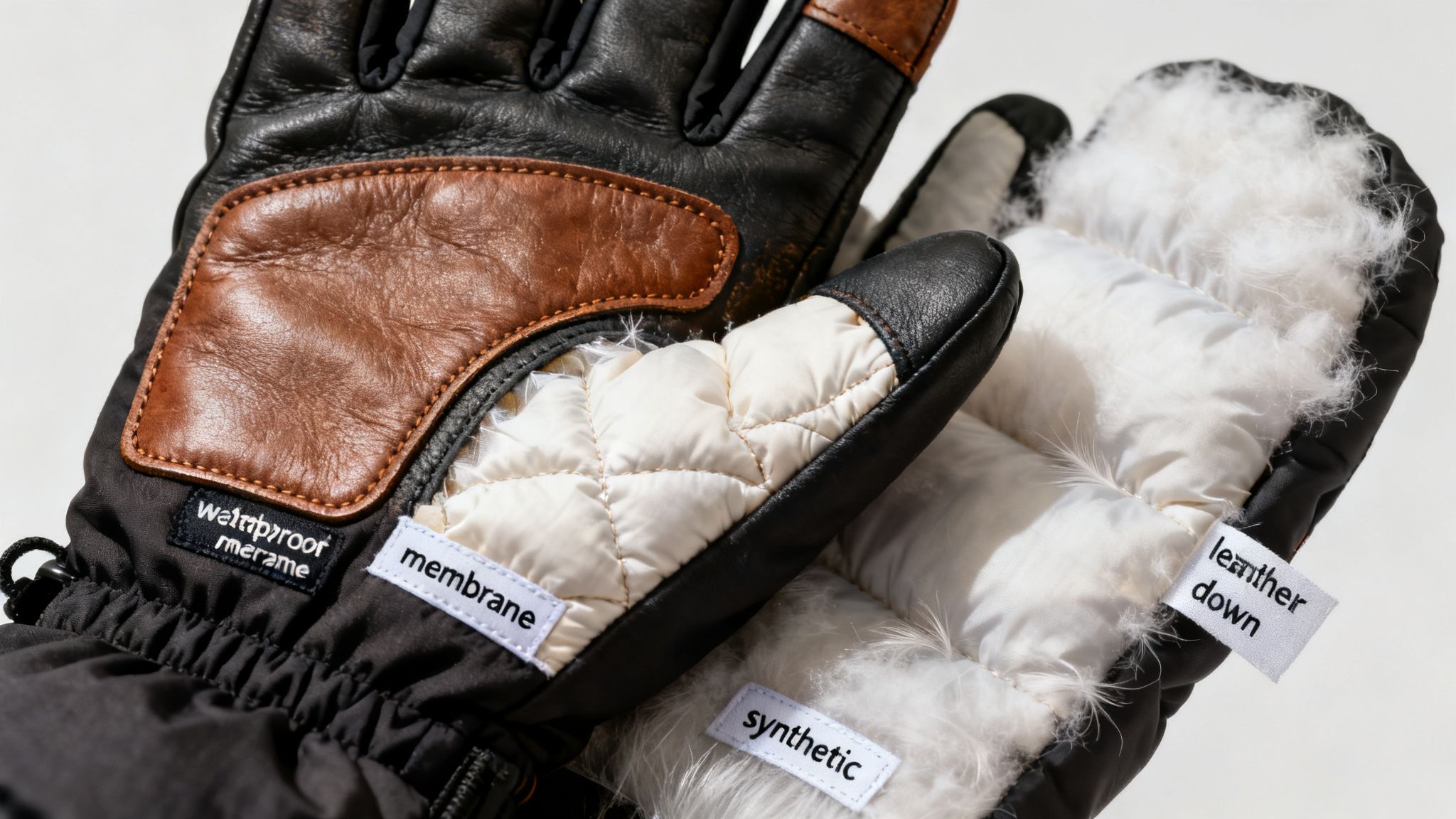Close-up of winter gloves. Black and brown leather exterior, white quilted interior, synthetic fill.