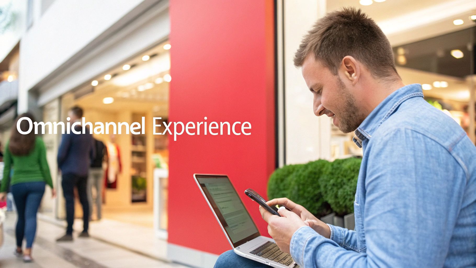 Man using a laptop and phone outside a store, text 