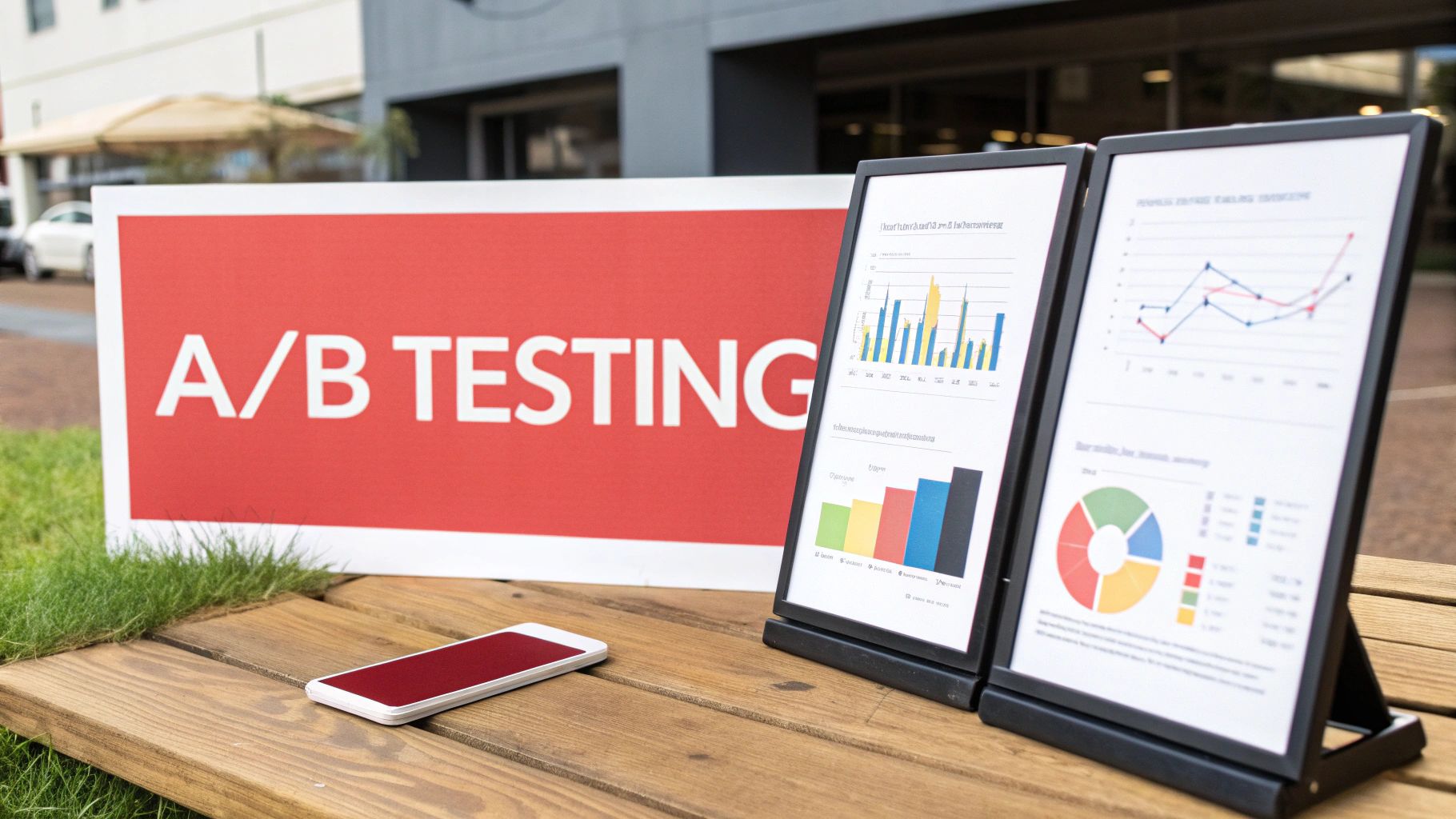 A/B testing sign next to displays with charts and a smartphone on a wooden surface outdoors.