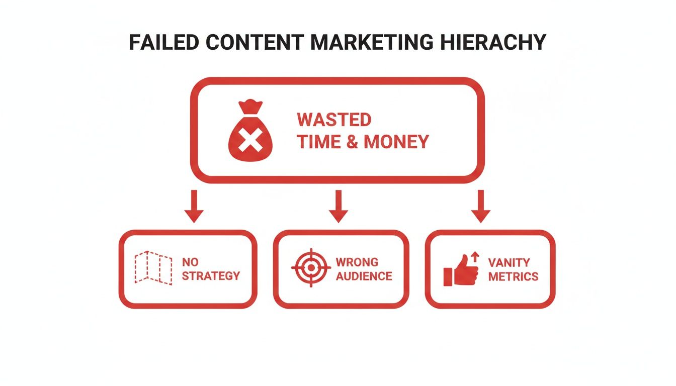 Failed content marketing hierarchy: wasted time and money stemming from no strategy, wrong audience, and vanity metrics.