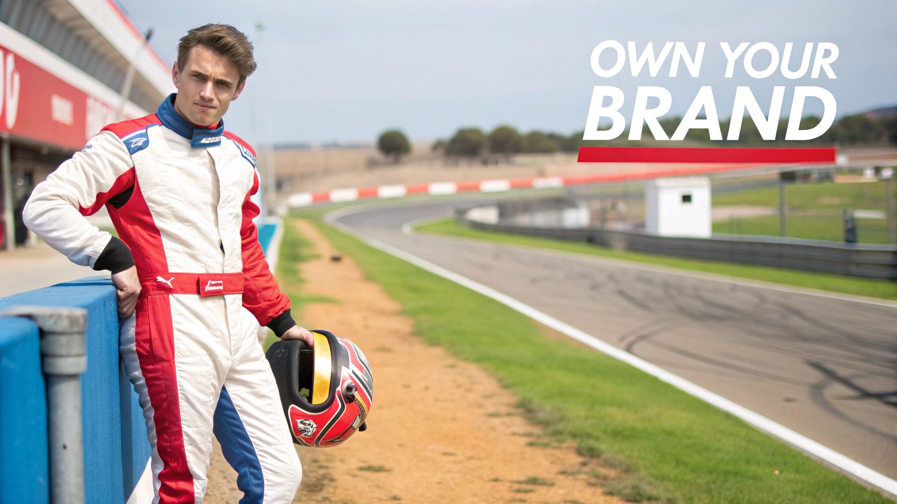 Race car driver in white, red, and blue racing suit stands by a racetrack, holding a helmet; 