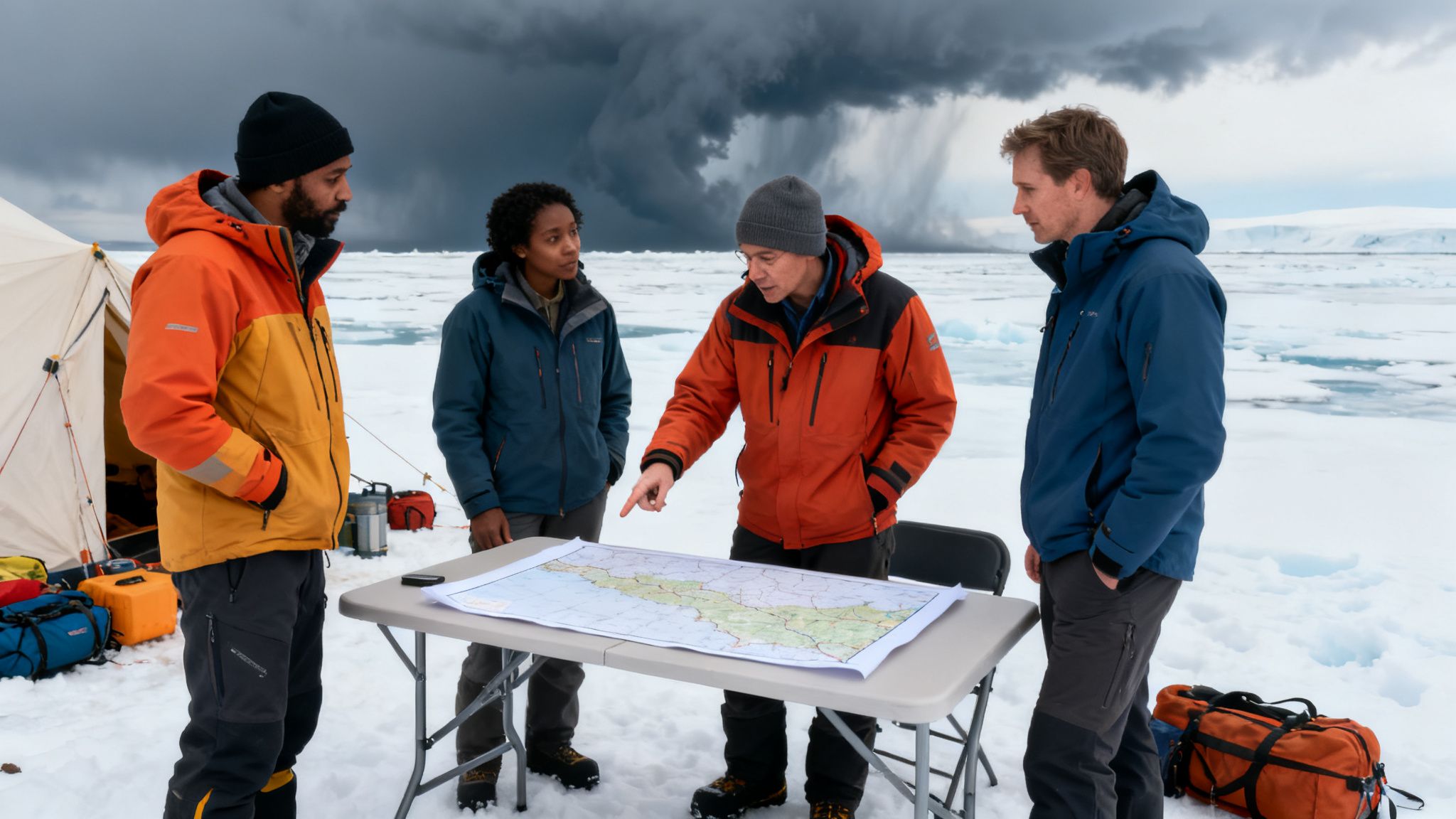 Four explorers in parkas looking at a map on a table on a snowy plain, dark storm in the background.