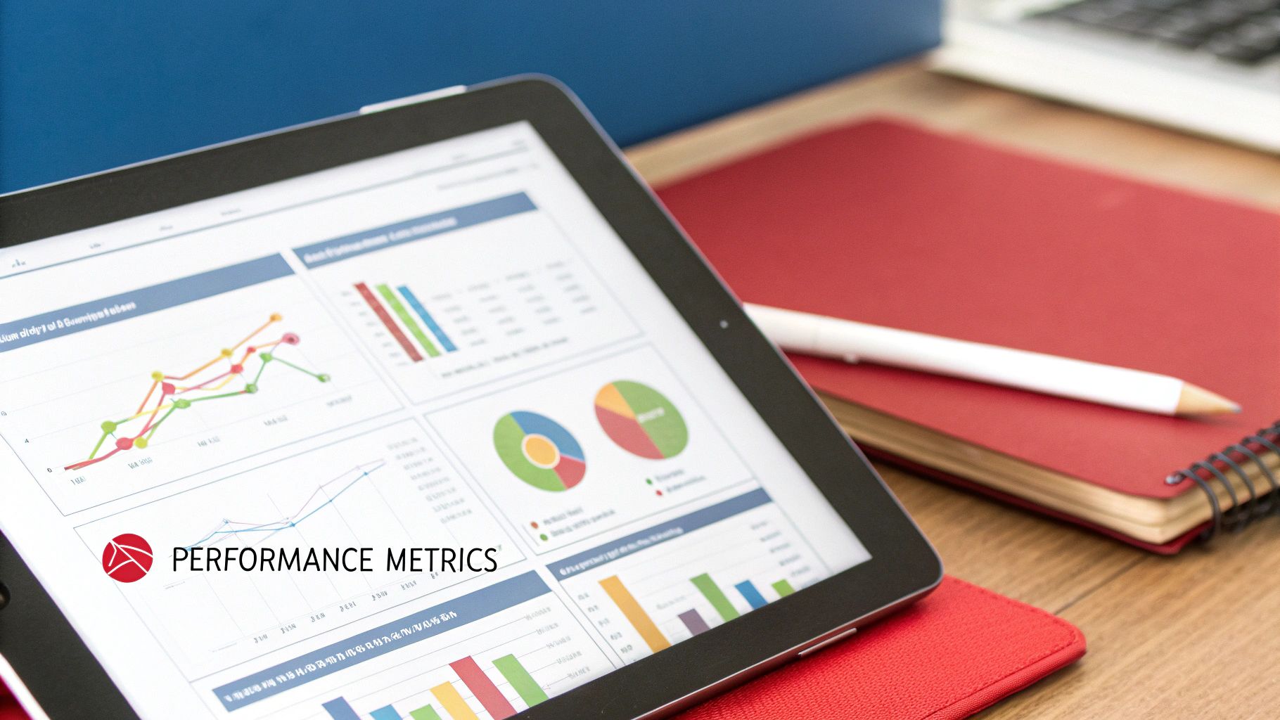 A tablet is open with a performance metrics graph on the screen