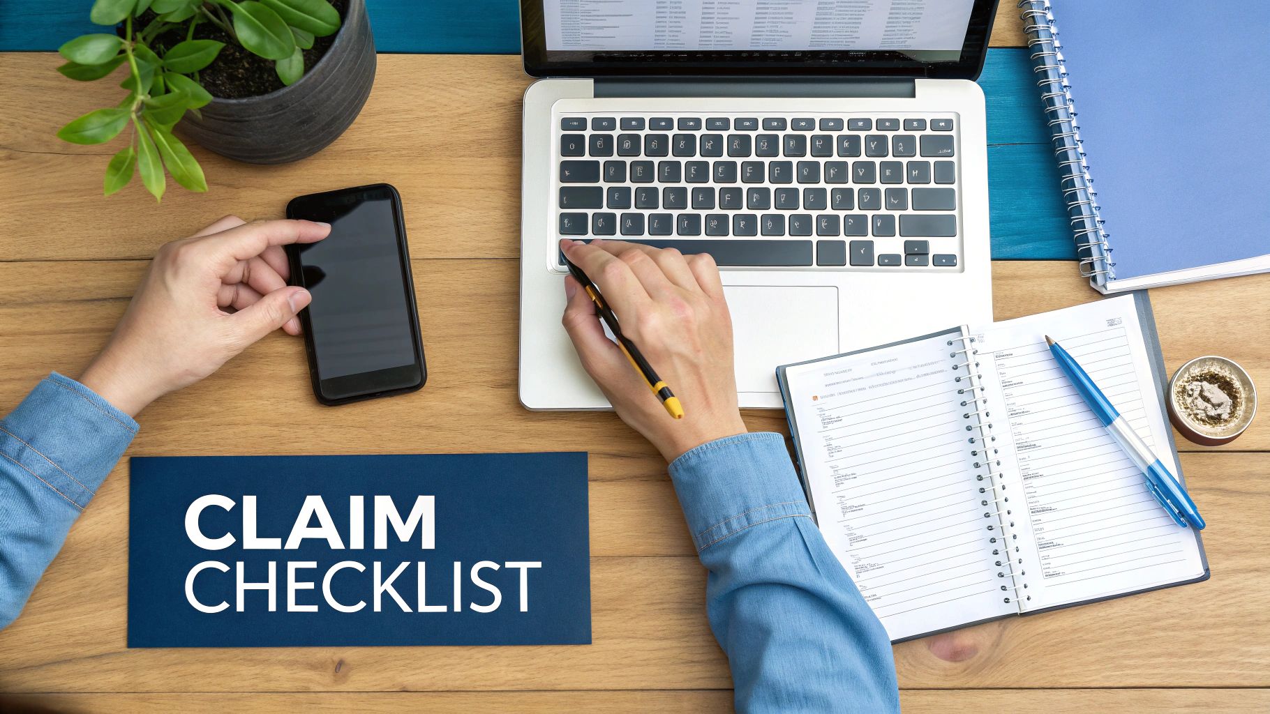 Hands working on laptop and phone next to a 