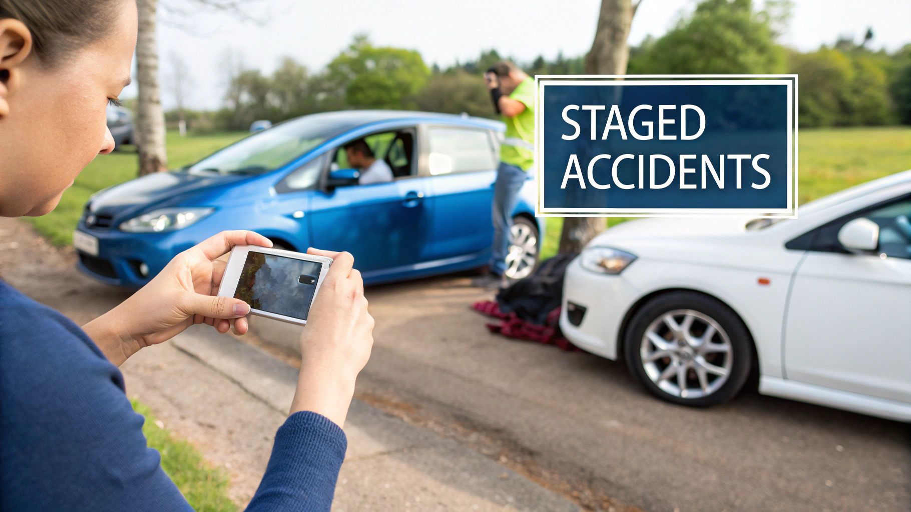 Woman photographing two cars after a staged accident with sign. Blue and white cars on road.