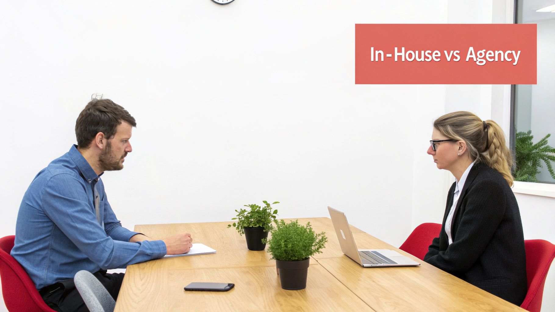 Man and woman at a table; labeled 