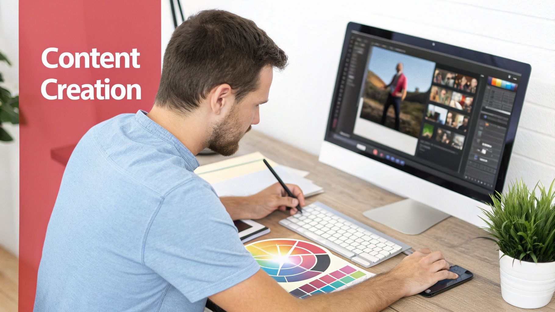 man sat at his compter Content creation title