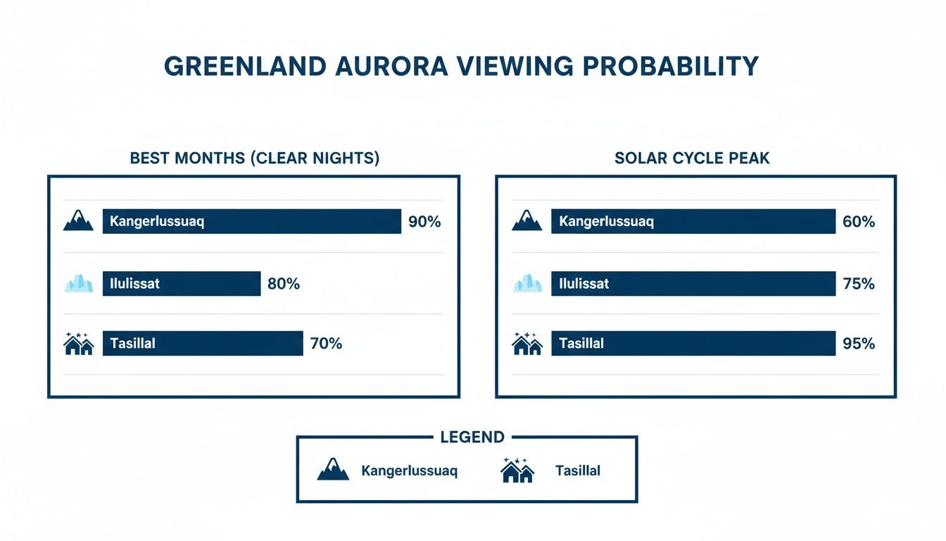 Greenland aurora viewing probability chart comparing best nighttime vs solar cycle peak: Kangerlussuaq, Ilulissat, and Tasiilaq.