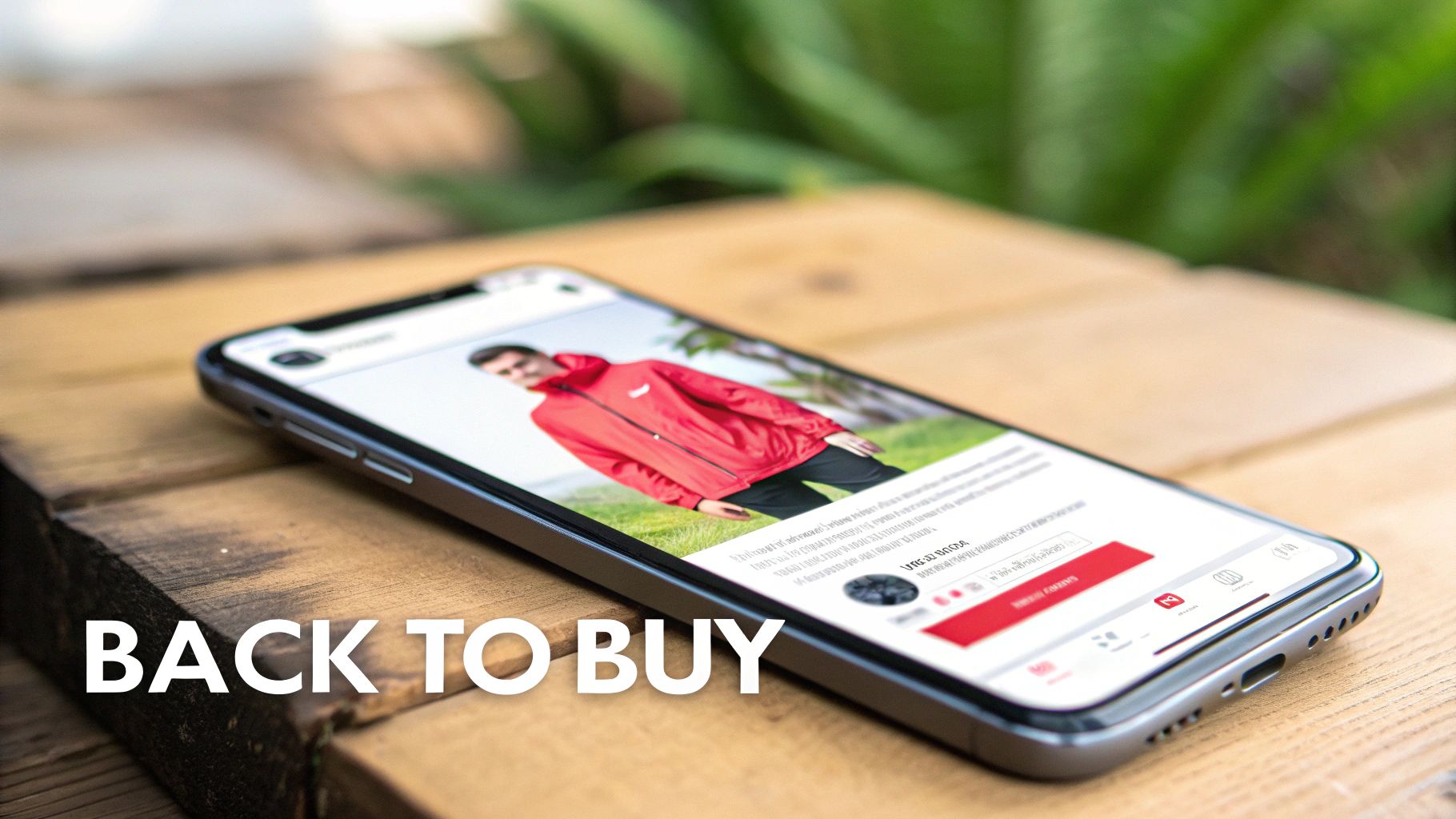 Smartphone displaying a product, likely a red jacket, laid on a wooden surface with the text “BACK TO BUY”.