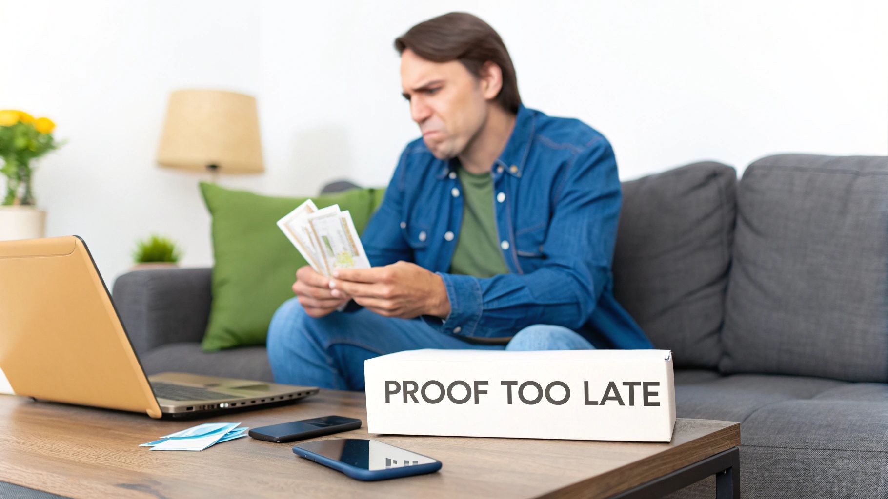 Man looking at money, frustrated, in front of a laptop. Sign says 