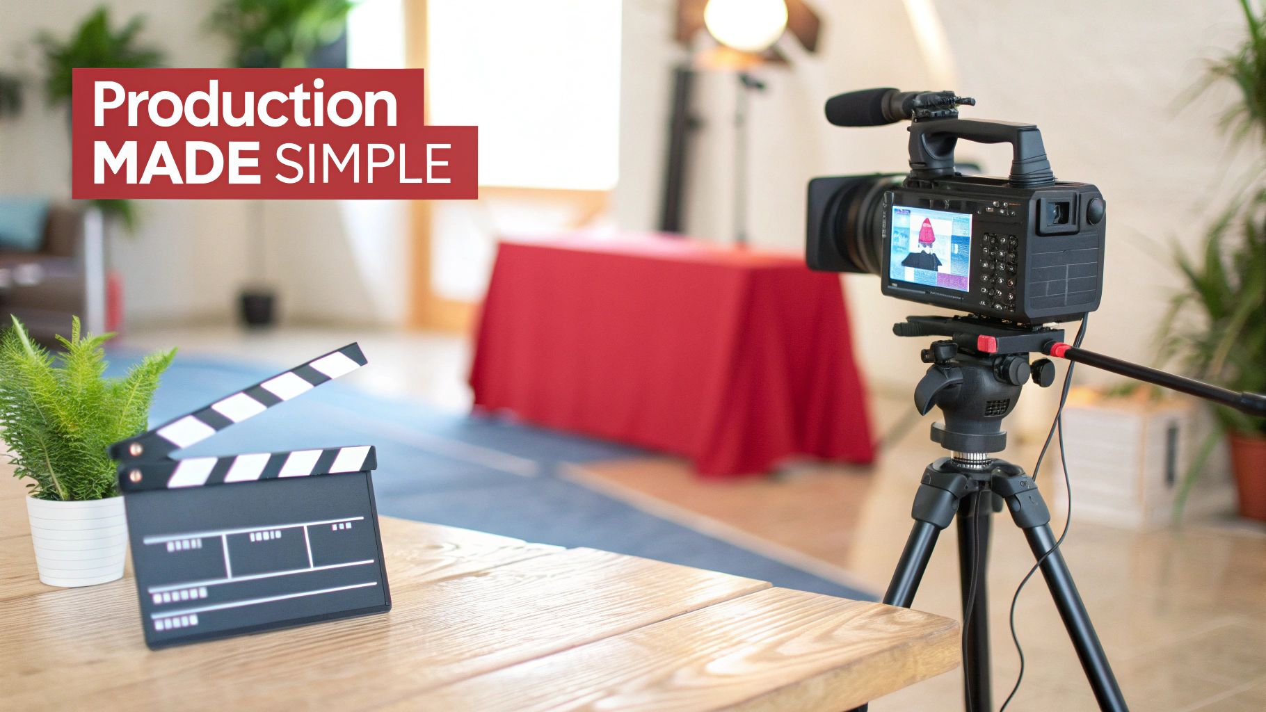 Clapperboard on table in front of a video camera on a tripod, red backdrop, and studio lighting, with text 